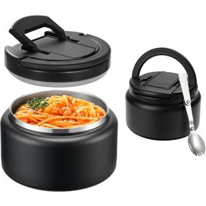 Itslife Kids Thermo for Hot Food 13.5oz Lunch Containers with Buckle Lid Wide Mouth Hot Food Jar Vacuum Insulated Stainless Steel Bento Box Leakproof with Spoon(Black)