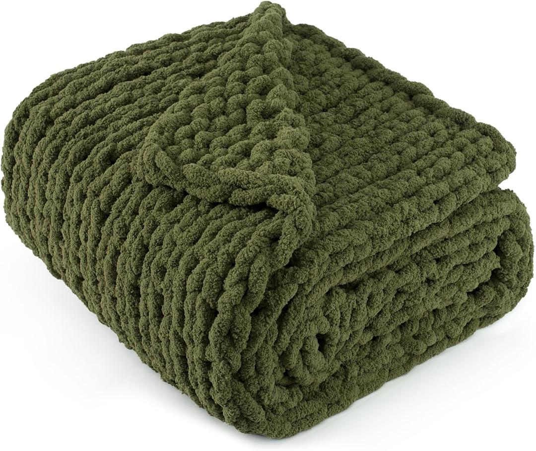 Chunky Knit Throw Blanket 50"X 60", 100% Handmade with Soft Chenille Yarn, 4.4lbs Thick Cable Knitted Blankets, Large Rope Knot Crochet Throws for Couch Sofa Bed Home Decor, Olive Green (50x60 inch)