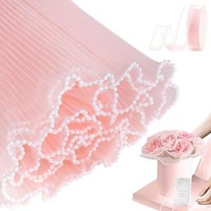 Upgraded Flower Wrapping Paper Bouquet Wrapping Paper with Pearl Edge,Pink Wrinkled Translucent Lace Mesh Florist Floral Paper Waterproof Bouquet Paper Wrap for Mother's Day Valentine's Day Wedding Gift Packaging