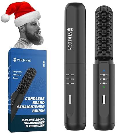 VIKICON Beard Straightener for Men: Cordless Heated Beard Brush for Men, Electric Hot Comb, AntiScald Mini Straightening Brush for Beard Grooming, Portable for Travel and Home Use, Gifts for Him Dad