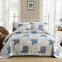 Mybedsoul Light Blue Quilt Set Queen Size, 3 Pieces Boho Plaid Floral Bedspread Set Microfiber Lightweight Bohemian Bedding Bedspread Coverlet Set for All Season 90"x96"