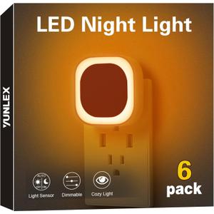 6 Pack Plug in Amber Night Light, Auto Dusk to Dawn, Soft Glow, Dimmable, Diffused Light, LED Lights for Bedroom, Kids, Bathroom, Sleep, Baby Nursery, Toddler, Hallway, Kitchen, Home Decor