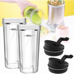 Blender Cups Replacement Parts 2PC, 16oz Ninja Juicer Cups Come with To-Go Lids, Compatible with Nutri Ninja Blenders QB3000SSW 30 / QB3000QR 30 / QB3000QBK / QB3001SS / QB3005, Ninja Blender Cups
