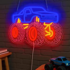 Monster Truck Neon Sign for Boys Room, Playroom Wall Decor, Trendy Teen Room Decorations, Party and Birthday Gift Idea, Night Light with USB Powered Dimmable Switch, 15 x 10.5 in
