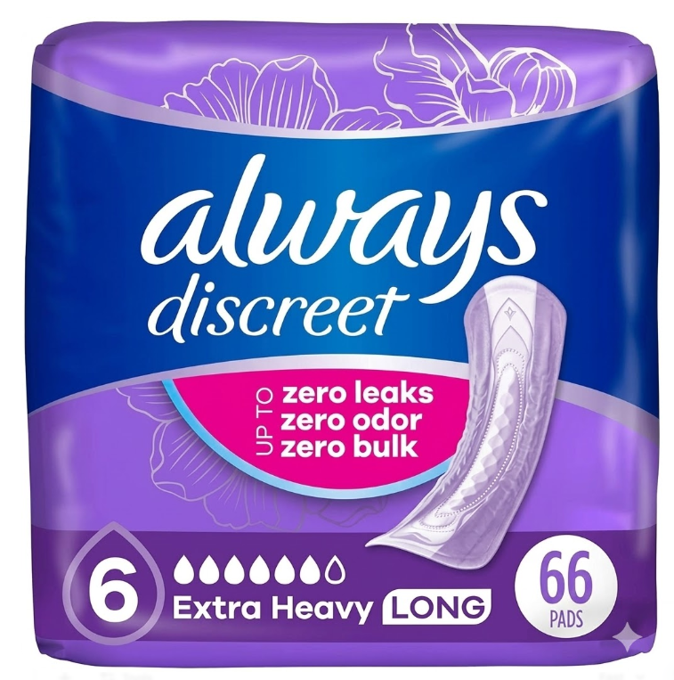 Always Discreet Adult Incontinence Pads for Women, Drier vs Poise, 6 Drop Long Length, Extra Heavy Absorbency, Pads for Bladder Control Management, Bladder Leaks, & Postpartum Pads, 2pc (33ct Each)