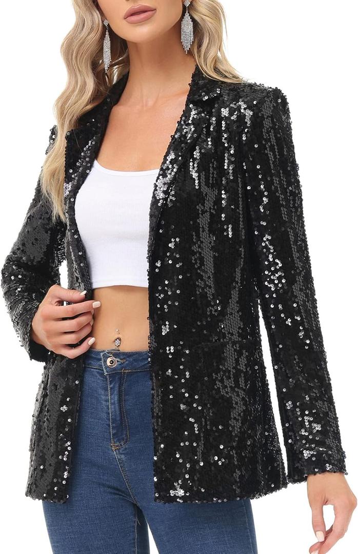 KANCY KOLE Women's Sequin Jackets Open Front Blazer Jacket Casual Long Sleeve Sparkly Cardigan Coat with Pocket (XXL, Black)