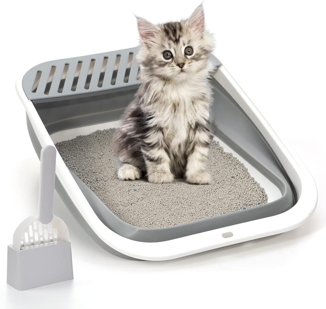 Foldable Cat Litter Box, Large Height-Adjustable Anti-Splash Open Air Kitty Litter Pan, Easy Clean with Scoop (Gray)