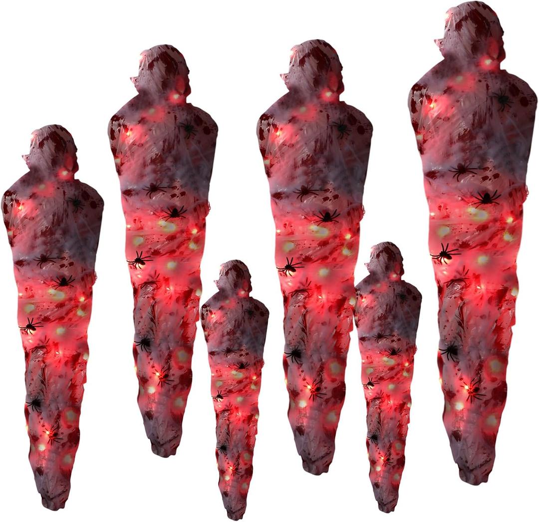 79 Pcs Halloween Hanging Fake Props Outdoor Decoration Scary Human Remains Bag Halloween Fake Prop with Red LED Spider Webs Creepy Haunted House Yard Decor (White Bandaged)