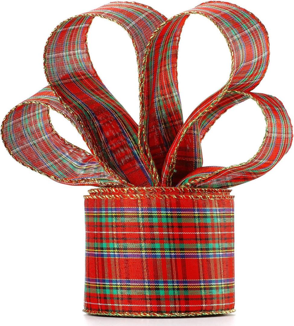 6.3 cm Christmas Plaid Burlap Ribbon in Width Red and Green Gingham Wrapping Ribbon with Spool, Xmas Buffalo Plaid Ribbon for Christmas Decoration Gift Wrapping Party Decoration (20 Meter Long)