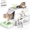 XL Stainless Steel Cat Litter Box with Enclosure and Pooper Scooper - Durable Black Metal Litter Box for Big Cats, High Sides for Anti-Leakage, Never Absorbs Odors, Non-Sticky - (60x40cm) (White)