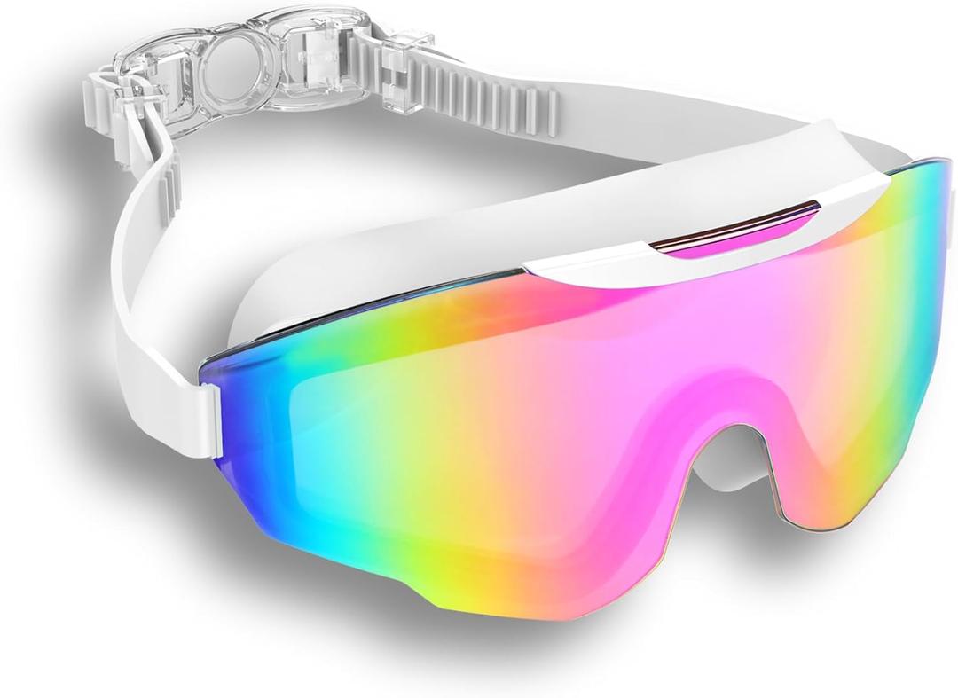 Professional Swimming Goggles with Rainbow Mirror Coating, Anti-Fog, UV Protection, Adjustable Strap, White, Black