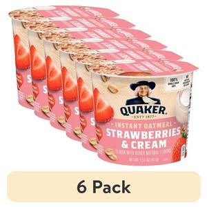 (6 pack) Quaker Instant Oatmeal, Strawberries & Cream, 1.51 oz Cup, BBD: JUL 27/2026