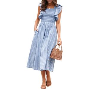 Miessial Women's Summer Midi Dress Casual Short Sleeve Smocked Linen Dresses 2025 Boho Beach Wedding Guest Dress with Pockets (M, Blue Stripe)
