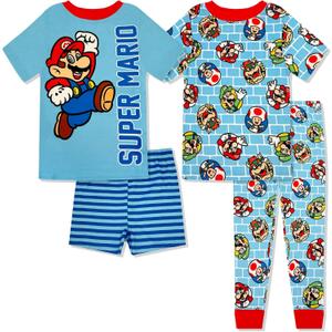 Super Mario 4 Piece Pajama Set - Boys PJs Tight Fit Short Sleeve, Shorts & Pants - Kids Sleepwear Set - Official License (Blue, Size 8Y)