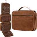 PAVILIA Hanging Toiletry Bag Women Men, Foldable Cosmetic Organizer Travel Bag, Water Resistant Makeup Bag Toiletries, Large Travel Essentials Kit (Brown)