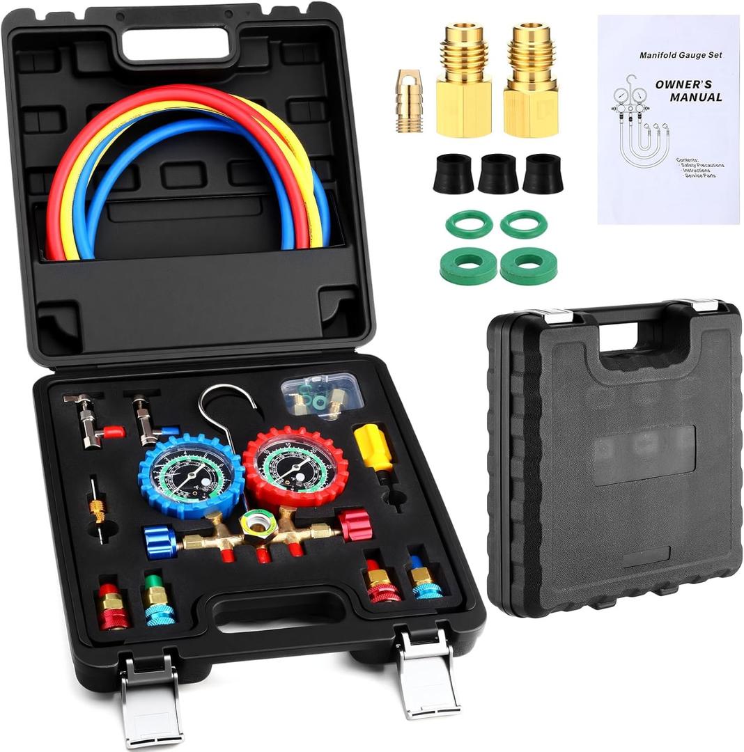 HVAC Manifold Gauge Set for R1234yf R134a R410a Refrigerant Automotive 3 Way Ac Gauge Set with Hose Kit Quick Coupler Adapter for Air Conditioner Split System Car Charging and Evacuation