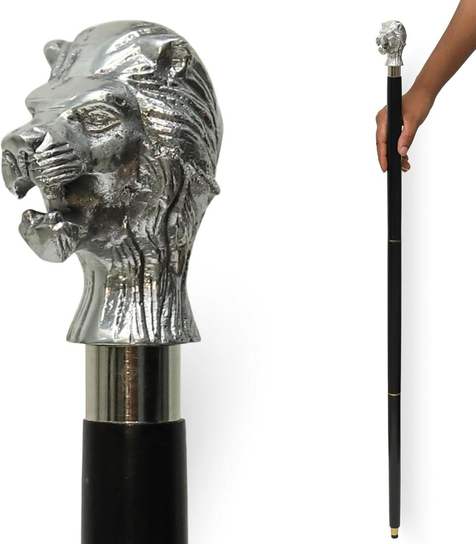 Walking Cane Stick with Silver Handle Featuring Detailed Lion Head  Premium Glossy Black Wooden Walking Stick with Durable Silver Ring