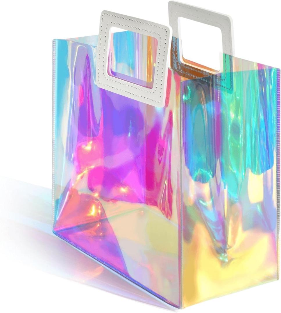 VUOJUR Holographic Small Gift Bag 8.3x8x4'' Clear Reusable Birthday Gift Bag for Women Girls Iridescent Bachelorette Wedding Christmas with Handle (1 Count (Pack of 1))