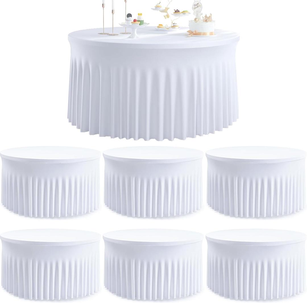 6pk Round Spandex Tablecloths for 72inch Table, Wrinkle Free Stretchy 132inch Fitted 6FT Round Table Cloths Cover Skirt for Wedding Birthday Party Bridal Shower Banquet Events (White)