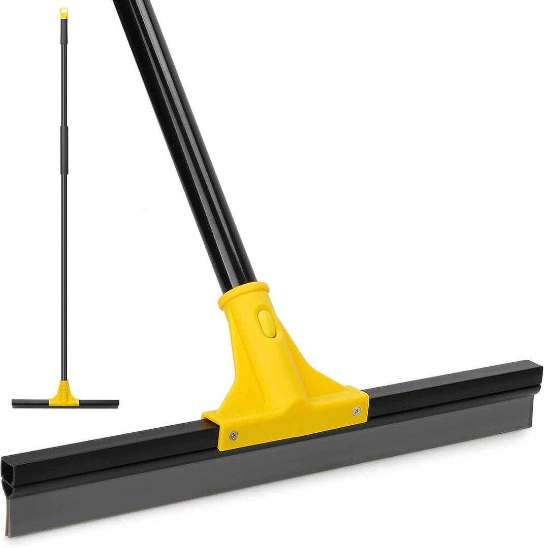 Squeegee Broom for Floor, 18'' Heavy Duty Rubber Wiper with 60'' Long Handle for Bathroom Tile, Garage Concrete, Deck, Shower Glass, Window Cleaning (Yellow)