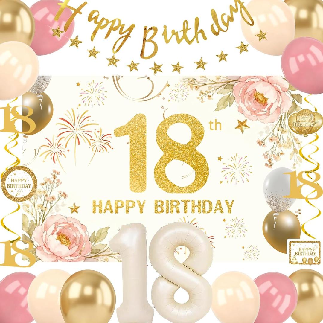 18th Birthday Decorations for Girls, Cream 18 Balloon Numbers Girl Happy 18th Birthday Banner Backdrop, 18 Year Old Party Decorations for Her Dusty Pink Gold Nude Balloons Streamers Party Supplies