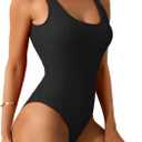 Limeeke Women One Piece Swimsuit Solid Ribbed Monokini Swimwear Scoop Neck Low Back Bathing Suit (Blue, M)