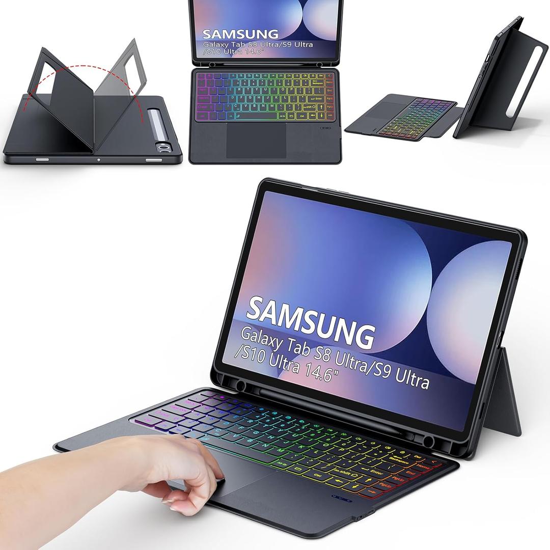 Trackpad Keyboard Case for Samsung Galaxy Tab S8 Ultra/ S9 Ultra/ S10 Ultra 14.6 inch, 7 Color Backlit Magnetic Detachable Wireless 5G Keyboard Black Cover for Tablet S10/S9/S8 Ultra
