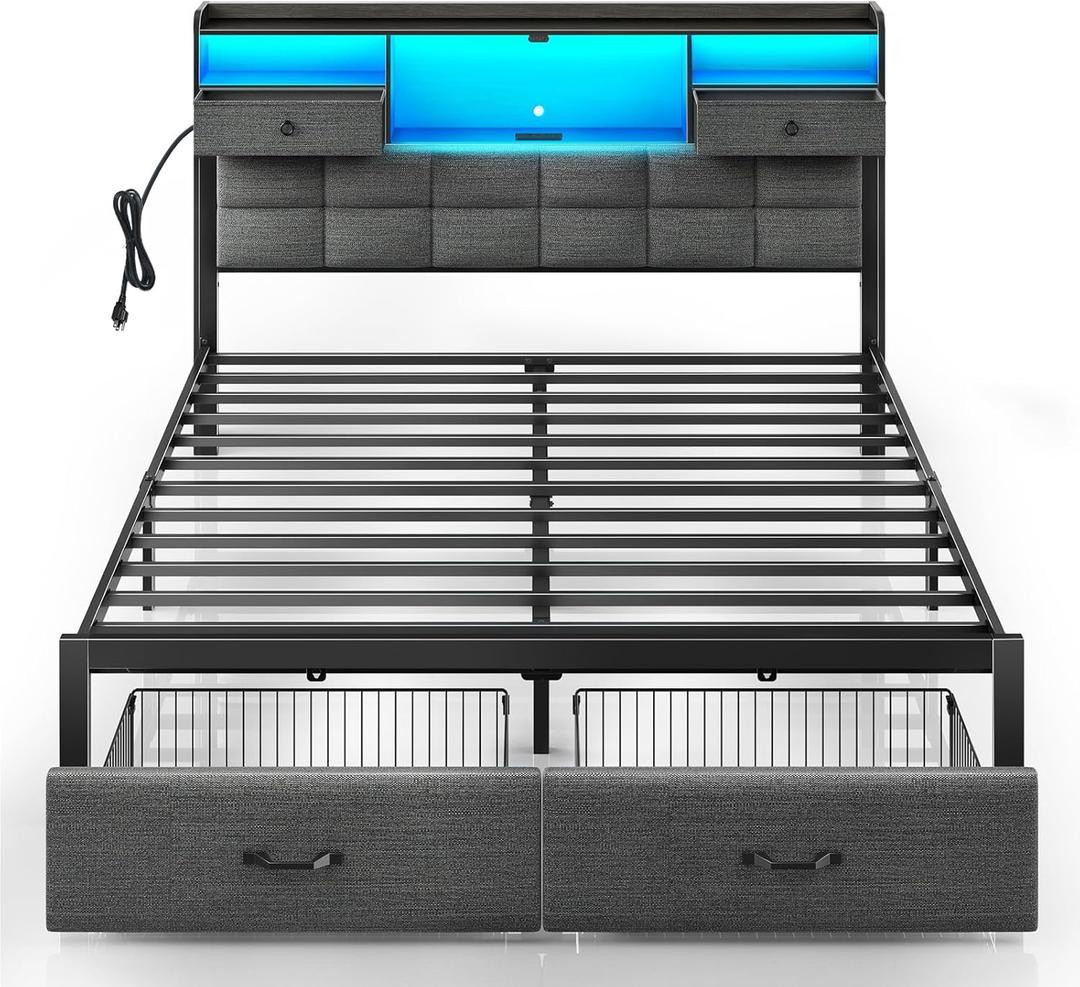 Rolanstar Bed Frame Queen Size with Drawers and Charging Station, Upholstered Platform Bed with Storage Headboard and LED Light, Heavy Duty Metal Frame Support, No Box Spring Needed, Noise Free, Grey