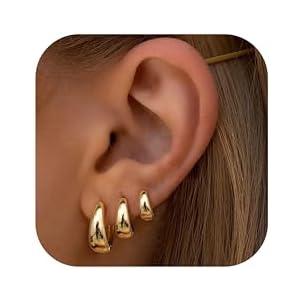 BESTEEL 3Pairs Gold Hoop Earrings Set for Women Chunky Gold Silver Earring 14K Gold Filled Hypoallergenic Small Huggie Hoops Lightweight Tiny Thick Trendy Hoop Earrings Stacks for Multiple Piercing