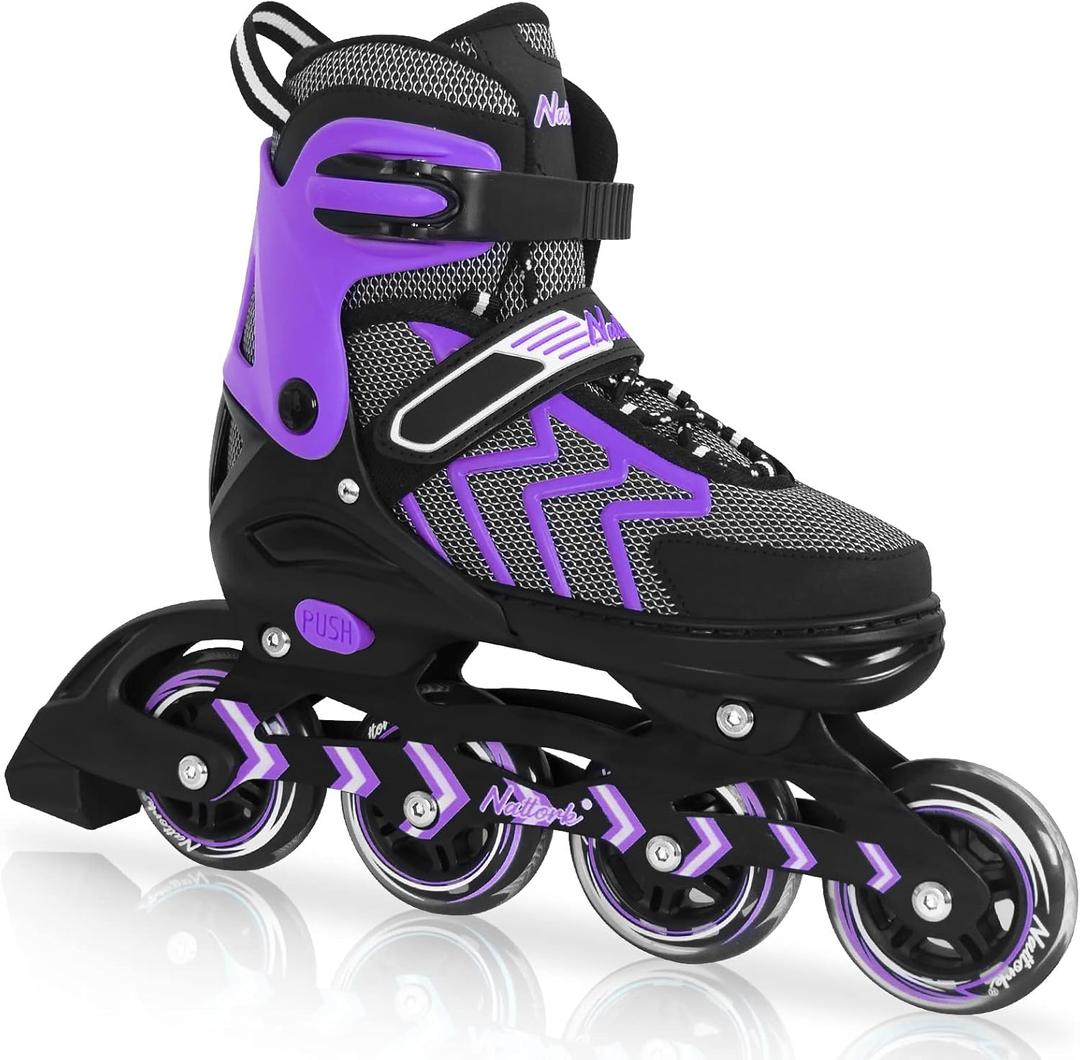 Nattork Adjustable Inline Skates for Adults and Teens, Outdoor & Indoor Blades Roller Skates for Boys, Beginners (X-Large - Adult (8W-9.5W/6.5M-8M), Purple)