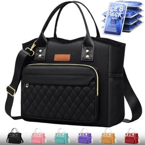Lunch Bag Women Insulated Lunch Box for Adults - Leakproof Large Purse Lunch Tote Bags for Women with Adjustable Shoulder Strap Zipper Side Pockets for Work (Black)