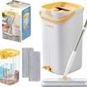 Mop and Bucket Set with Pump System for Home, Hands Free Self Cleaning with 3 Compartments to Separate Clean from Dirty Water, with 2 Machine Washable Microfiber Mop Pads, Patent Pending, in Gift Box (Lemon)