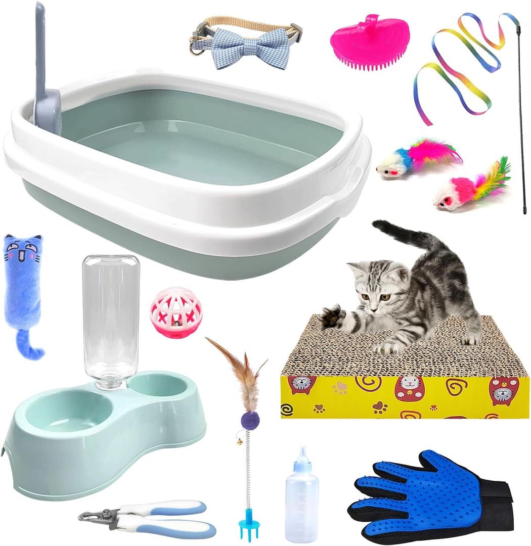 Kitten Starter Kit - 15 Piece Cat Essentials Set Includes Litter Box, Toys, Collars, Scratch Pad, Nail File, Automatic Feed Bowls, Grooming Gloves (Blue)