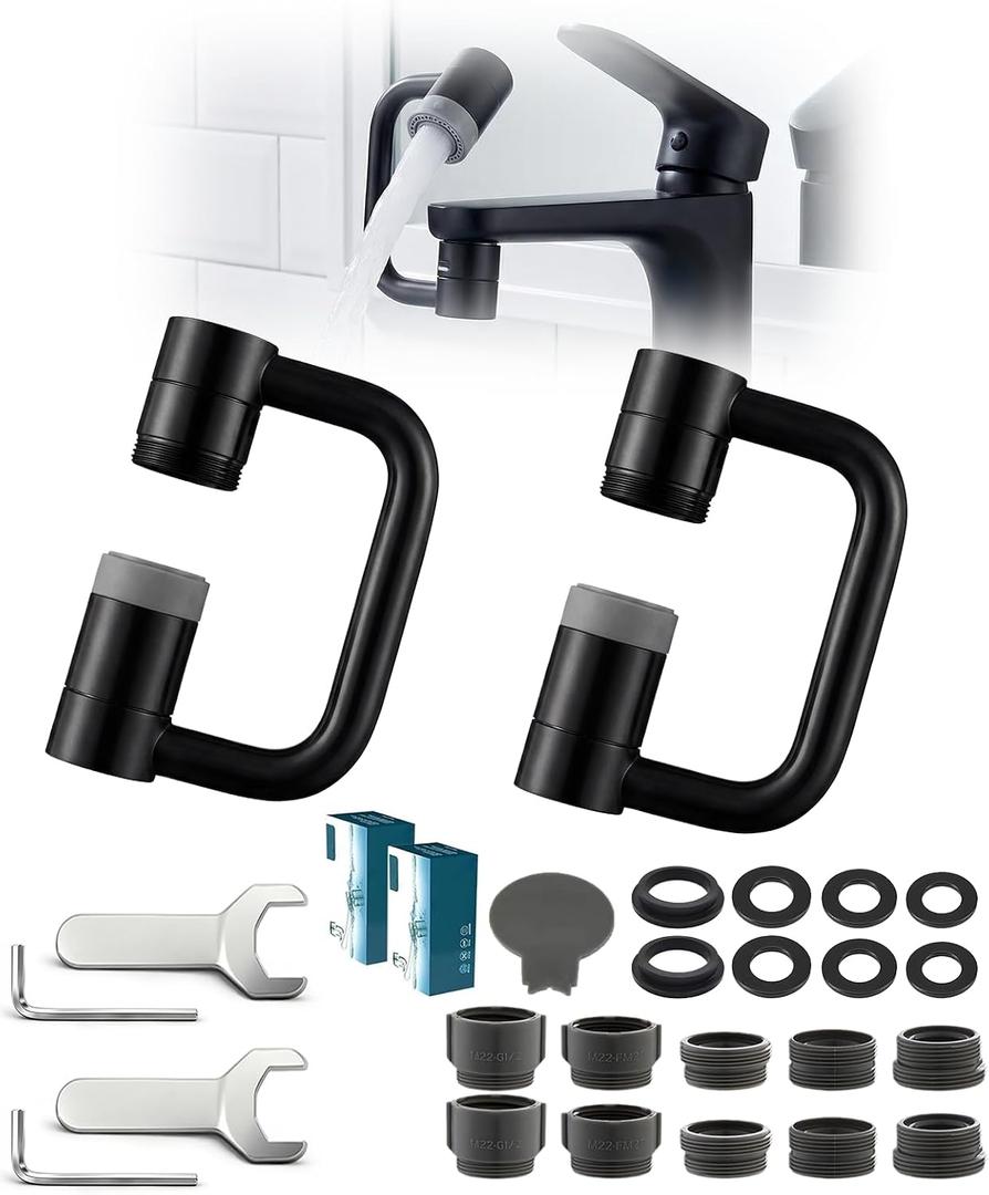 2 Pcs 1440 Rotatable Faucet Aerator Extension, U Shaped Shape Universal 360 Rotating Sink Faucet Extender for Kitchen & Bathroom 2 Modes Adjustable Black