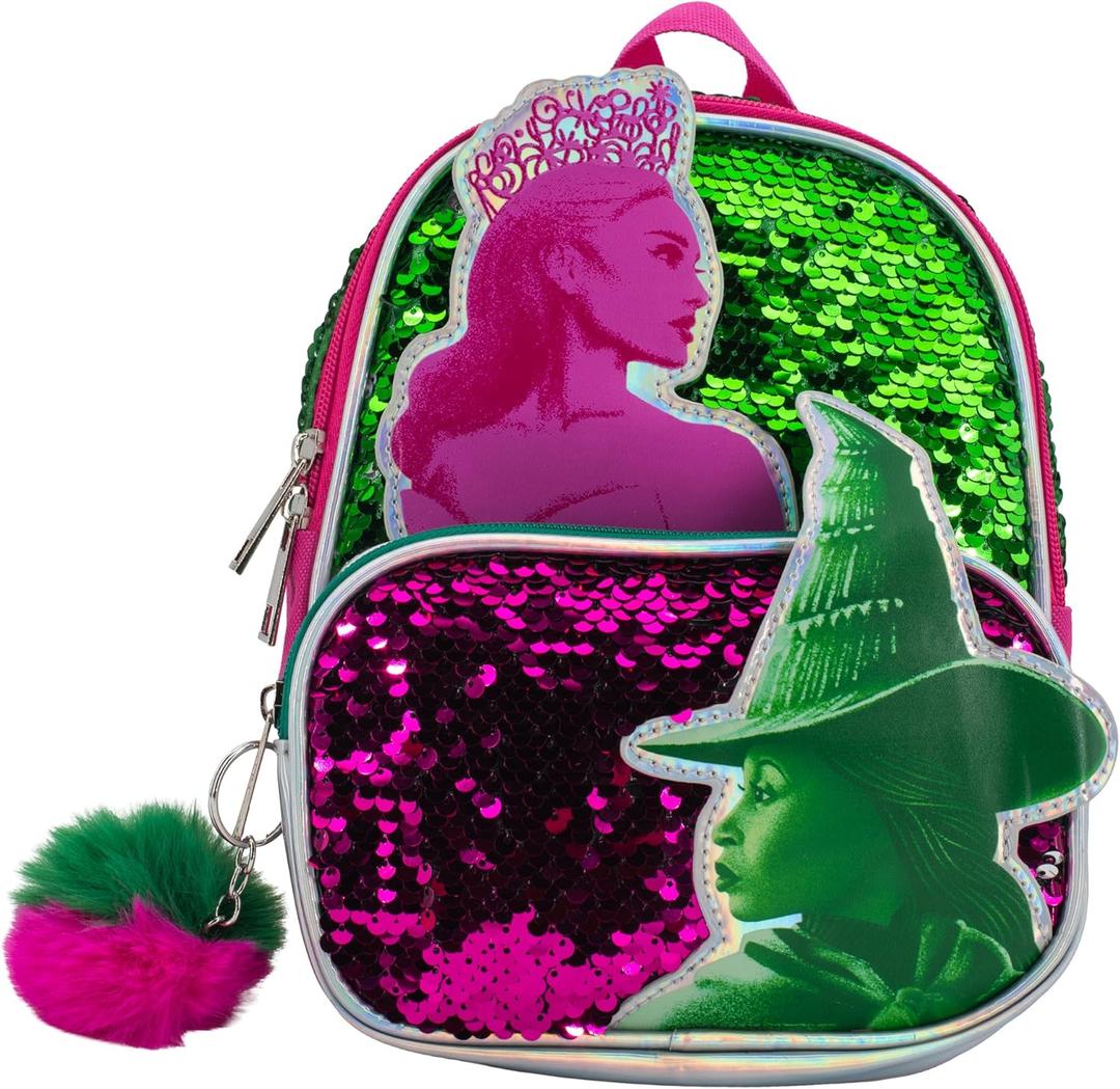 AI ACCESSORY INNOVATIONS Wicked 9 Micro Mini Backpack Purse Featuring Glinda & Elphaba 3D Character Patches, Shiney Sequins, & Pompom Dangle
