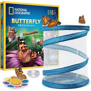 NATIONAL GEOGRAPHIC Butterfly Growing Kit - Butterfly Habitat Kit with Voucher to Redeem 5 Caterpillars (S&H Not Included), Butterfly Cage, Feeder 