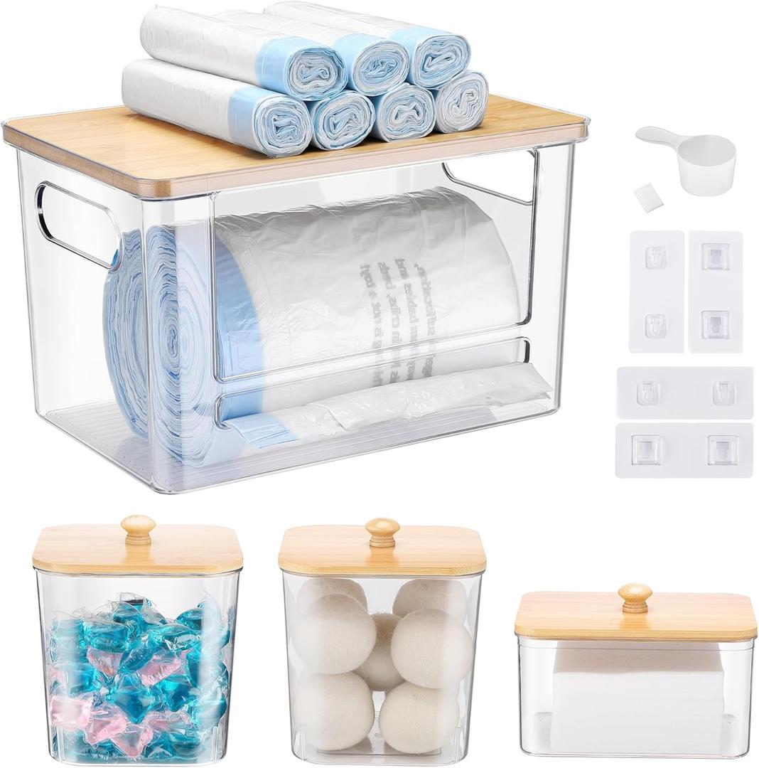 YAFFWA Extra Large Trash Bag Holder 4 Pack Garbage Bag Dispenser Roll Holder with Lid Laundry Room Organizer Under Sink Stackable Storage, Wall Mounted Laundry Dryer Sheet Holder Clear Pod Container