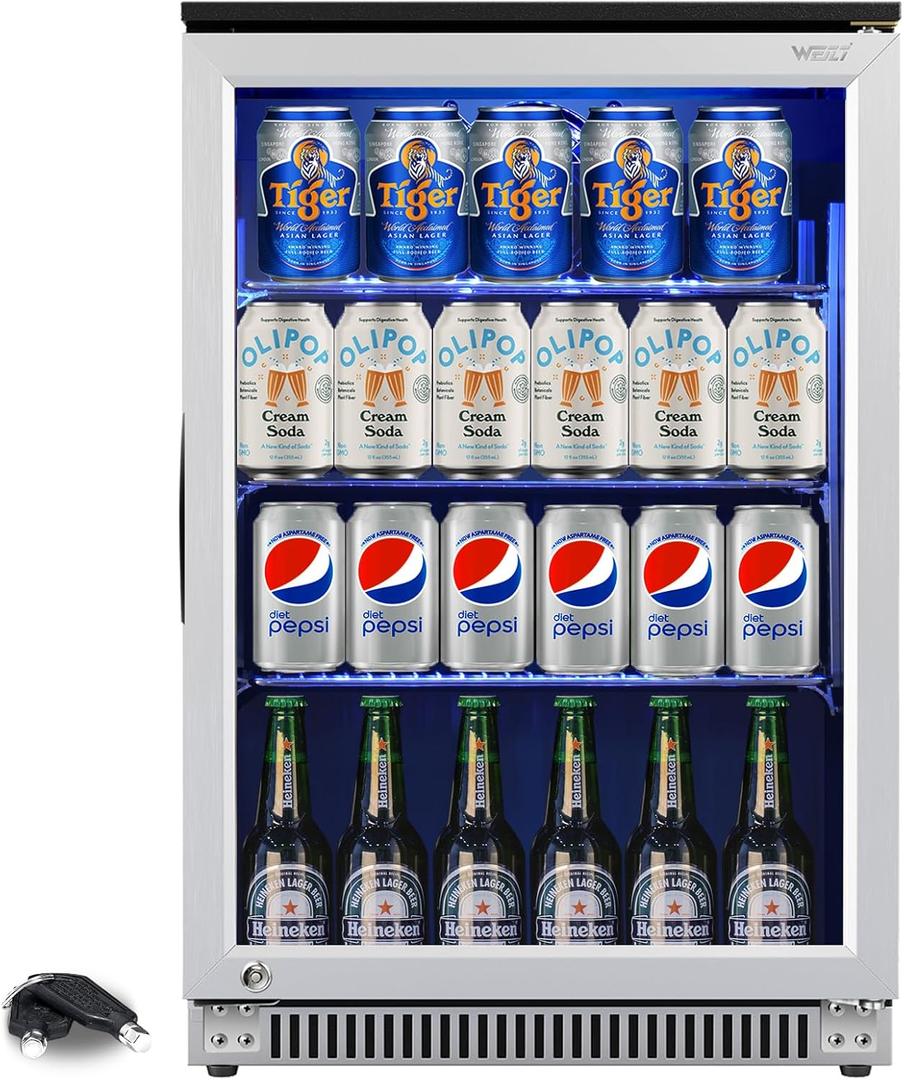 Weili 20 Inch Built in Beverage Refrigerator with Lock, Under Counter or Freestanding 120 Can Soda Beer Drink Cooler Fridge with Stainless Steel and Glass Door