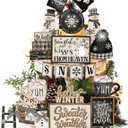 CroBlissful 23 Pcs Winter Tiered Tray Decor Snowman Farmhouse Decor Christmas Tiered Sign Winter Table Centerpieces Snowman Wood Blocks Signs for Home Shelf, Without Tray(Black, White,Snow)