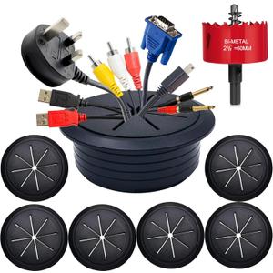 6PCS Desk Grommet,2-3/8""(60mm) Desk Hole Cover for Cables,Wire Hole Cover for Desk with Hole Saw,Office and Home Table,Desktop Equipment Wiring Management and Protection (Black)