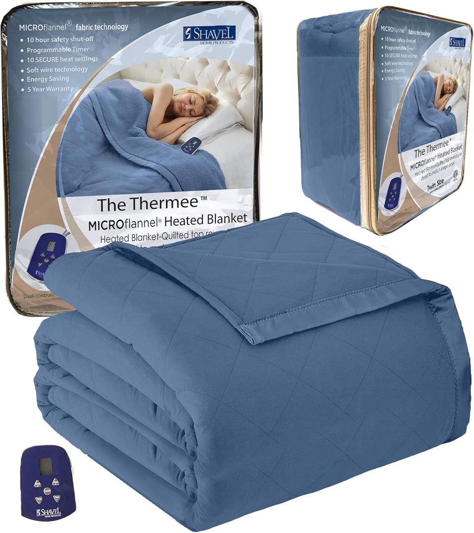 Thermee Micro Flannel Heated Blanket Twin Size - 10 Settings, Programmable, Rapid Heating, Luxuriously Soft - Ultramarine