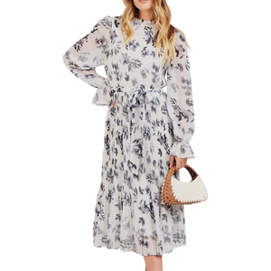 ANRABESS Women's Floral Midi Dress Puff Long Sleeve Casual Ruffle Chiffon A-Line Swing Pleated Belted Tea Party Dresses XL