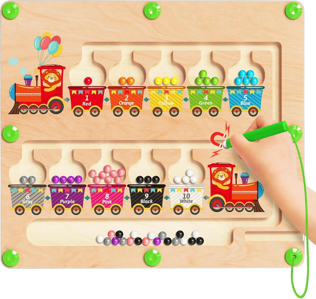 Magnetic Color and Number Maze, Montessori Toys for 2 3 4 Year Old, Wooden Color Matching Puzzle Board, Preschool Learning Activities Travel Toys for Ages 2-4 for Girls Boys Birthday Gifts - Train