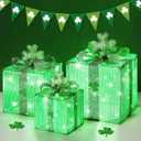 Lewondr St Patricks Day Decorations Lighted Gift Boxes with 3D Shamrocks, Green Decor Light Up Present Boxes for St Patrick's Day, USB Powered + Remote Control Lucky Clover for Indoor Home Holiday
