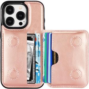 KIHUWEY Compatible with iPhone 15 Pro Wallet Case Credit Card Holder, Premium Leather Kickstand Flip Hidden Magnetic Clasp Durable Shockproof Protective Cover for iPhone 15 Pro 6.1 inch (Rose Gold)