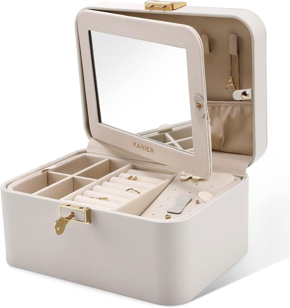 KAMIER Jewelry Box, 2 Layers PU Leather Jewelry Organizer Box, Large Capacity, Double Lock and Large Mirror, Hidden Necklace Hooks, Removable Dividers, Grey