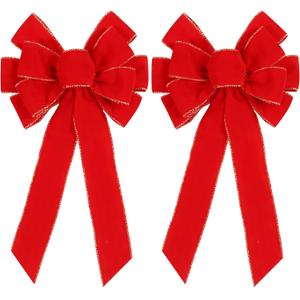 2 Pack Red Christmas Bows Outdoor Decorations,12x20 Large Christmas Tree Topper Bow, Velvet Wreath Bow with Glitter Gold Edge for Xmas Home Front Door Decor