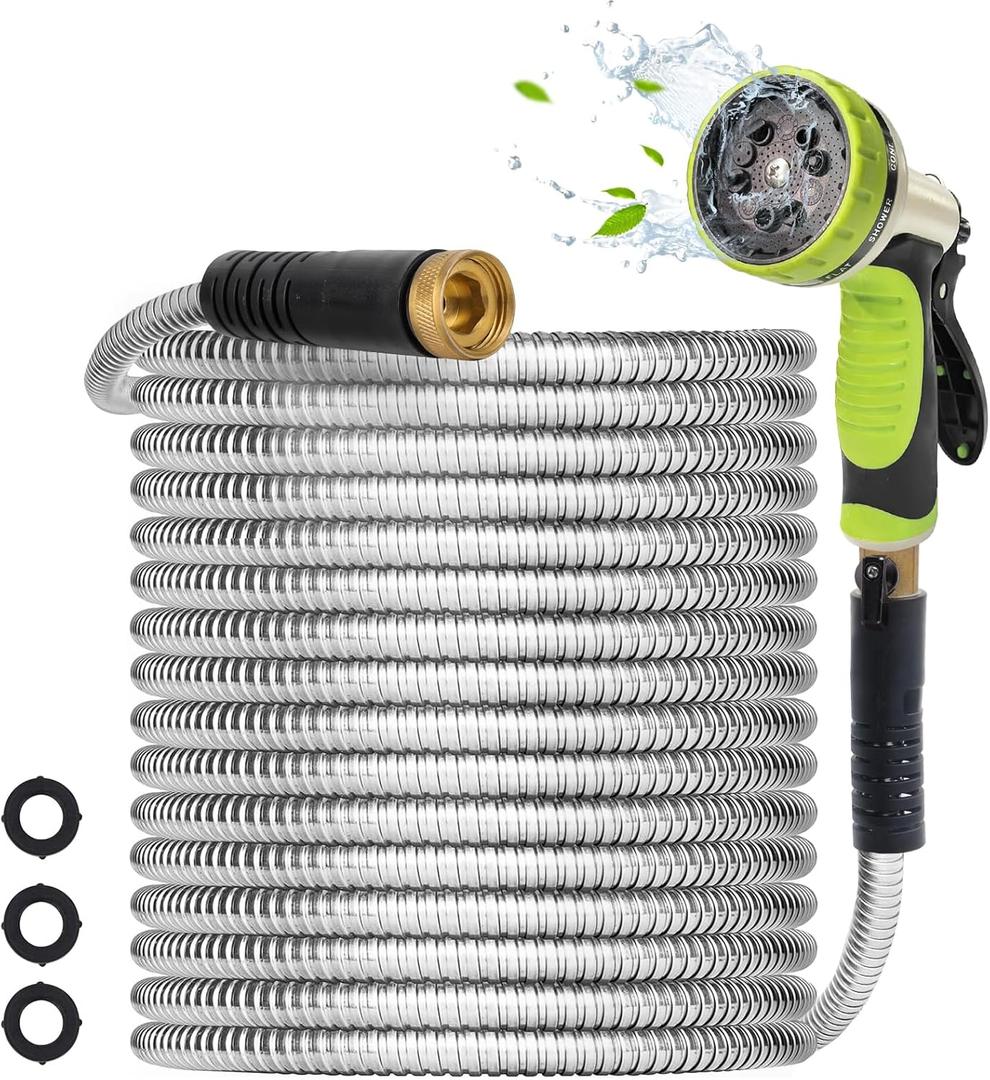 Metal Garden Hose 25FT - Heavy Duty Stainless Steel 3/4" Water Hose With 10 Function Nozzle, Lightweight, No Kink, Durable and Leak Proof Flexible Garden Hose for Yard, Outdoor