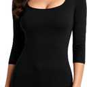 Women's 3/4 Sleeve Tops Square Neck Soft Stretch Slim Fit Tee Shirts (Large, Black)