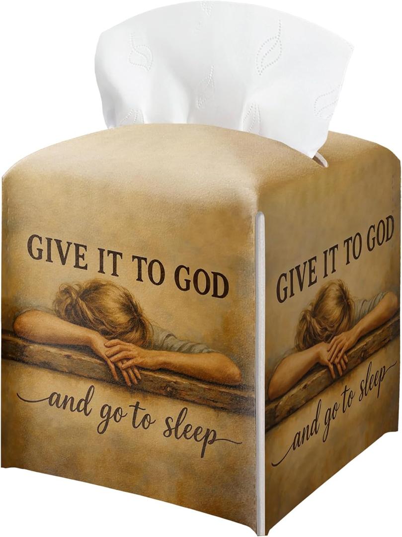 Praying Hands Oil Painting Tissue Box Cover, Give It to God and Go to Sleep Square PU Leather Tissue Holder, Religious Christian Wall Art Style Decor for Bedroom, Bathroom & Living Room